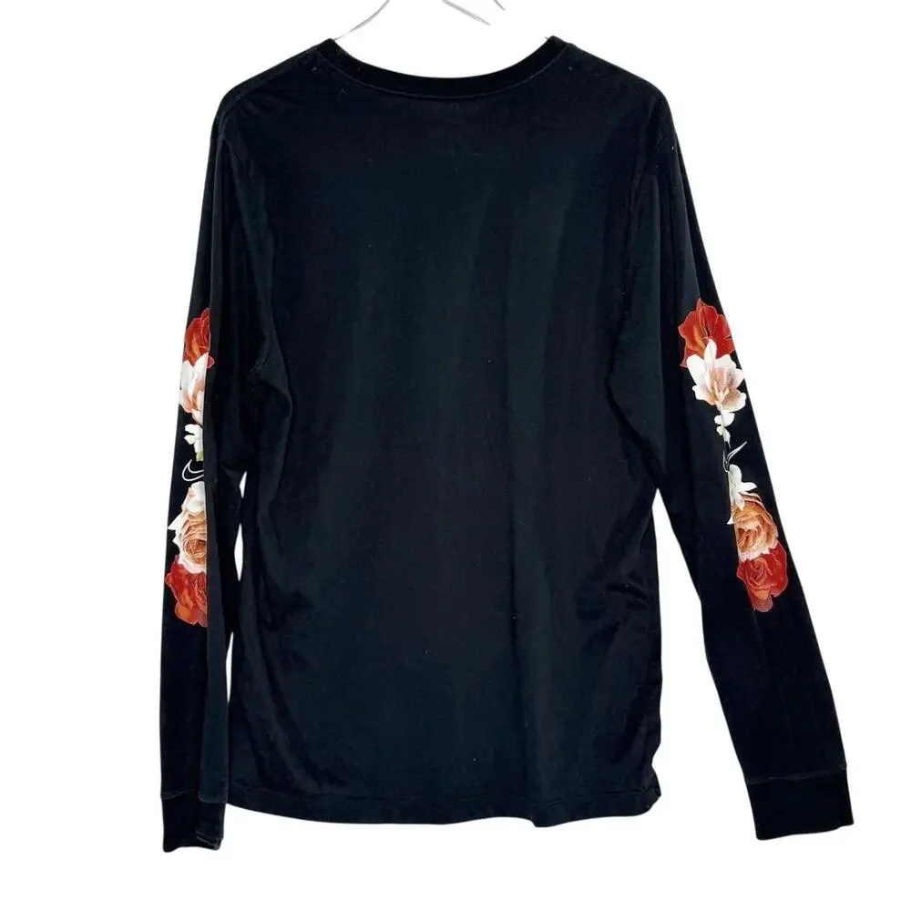 Nike Long Sleeve Floral Graphic Tee Shirt L Black Center Swoosh Streetwear
